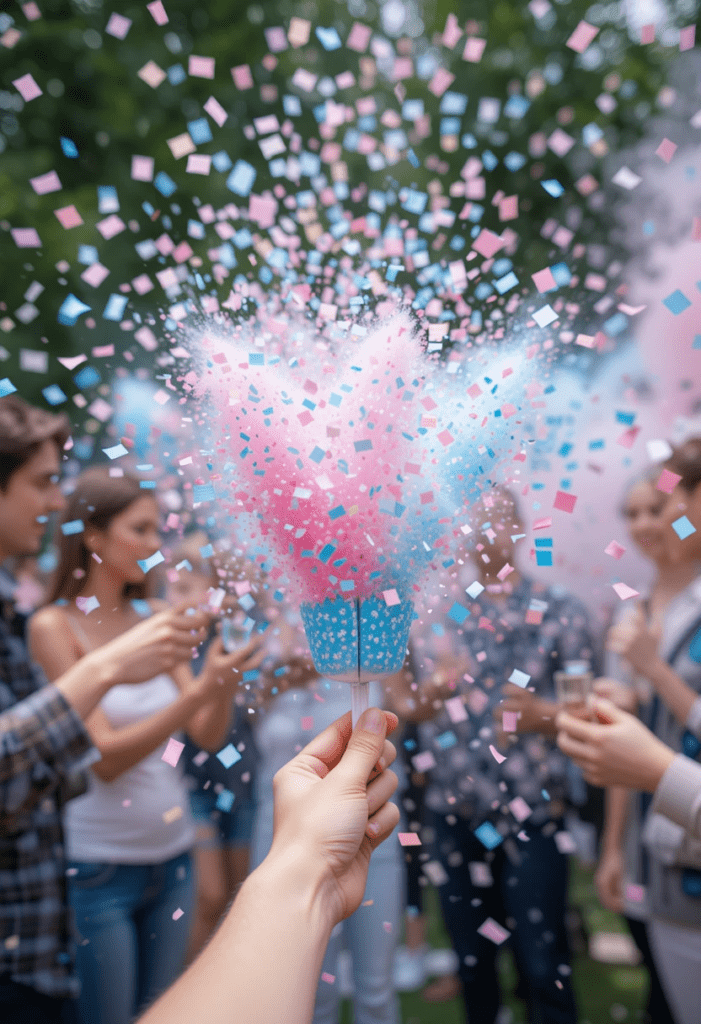 Colorful confetti poppers burst in the air, scattering vibrant paper bits across the park, adding a festive touch to the gender reveal party