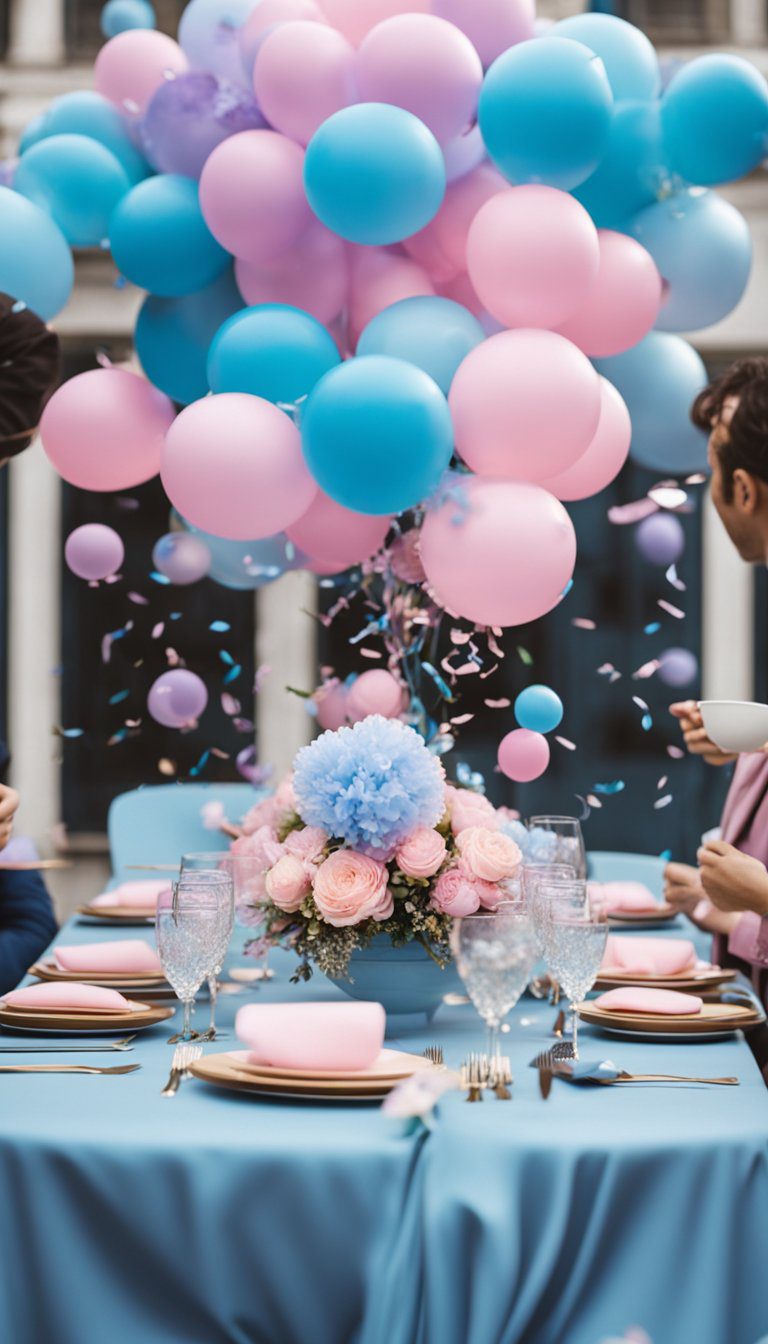 A table set with pink and blue decorations, surrounded by excited guests holding balloons and confetti, with a large box or balloon ready to reveal the gender