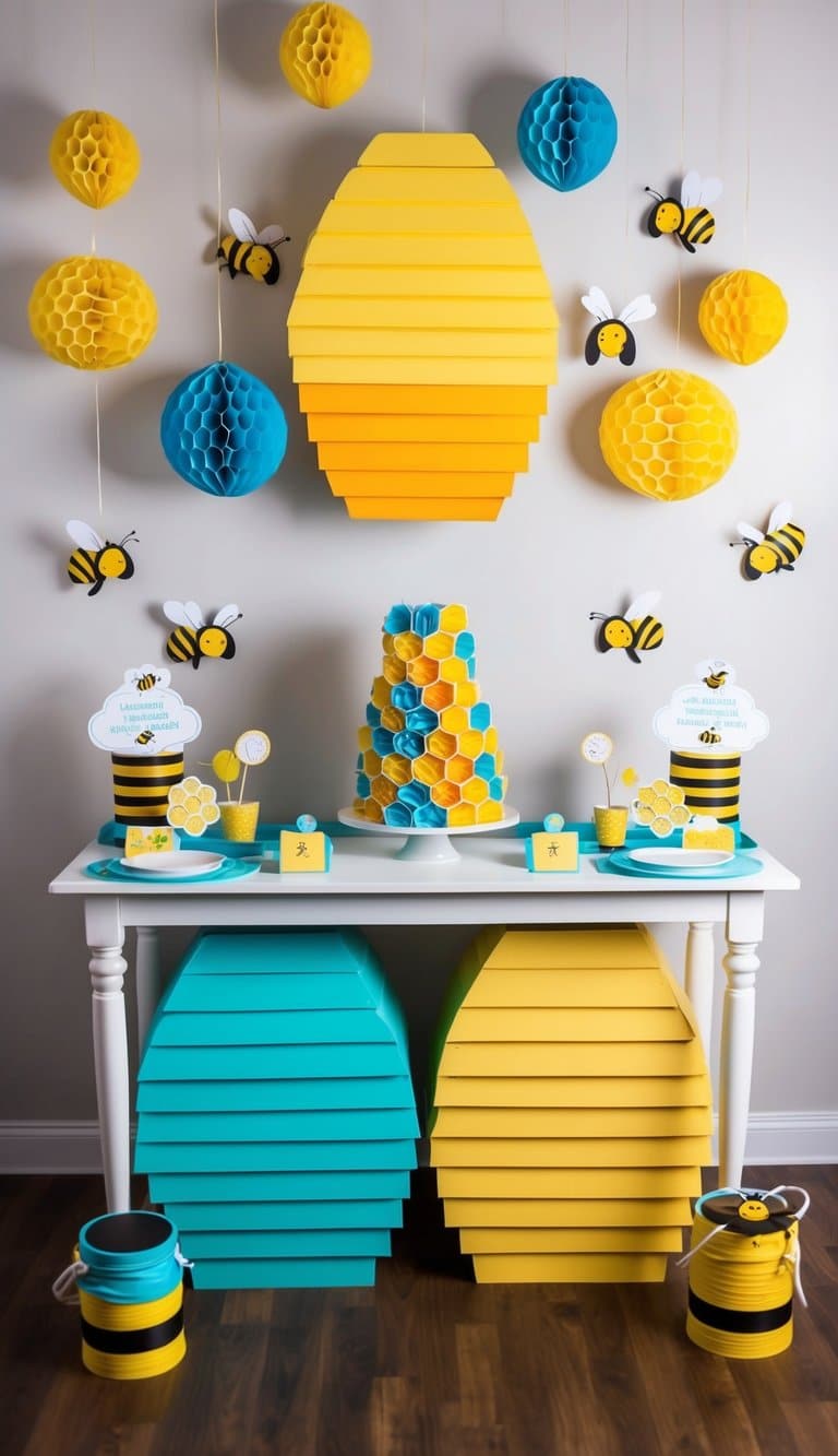 A colorful beehive backdrop with hanging honeycomb decorations and bee-themed accents for a gender reveal celebration