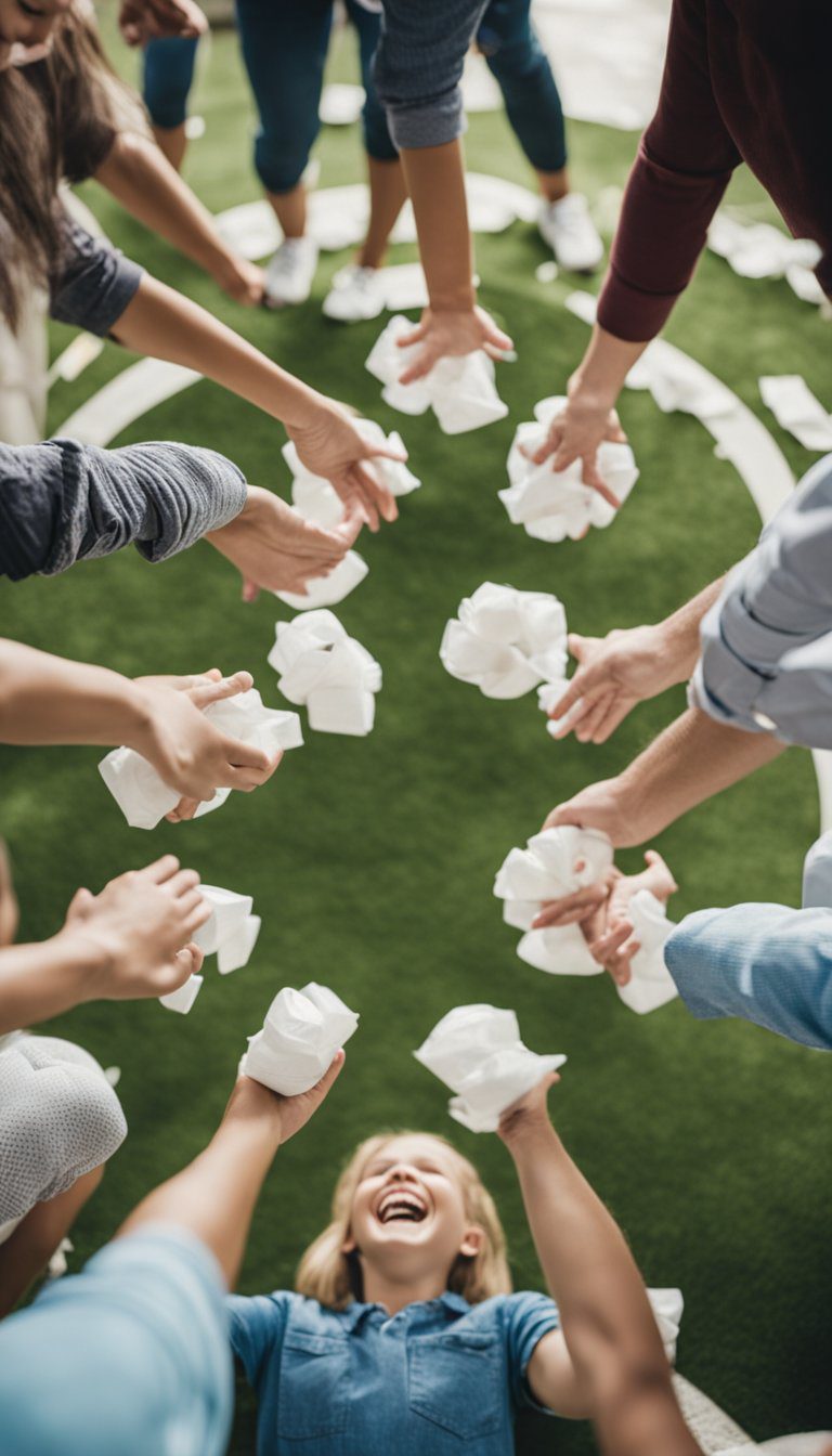 A group of people standing in a circle, tossing diapers back and forth, with laughter and excitement filling the air