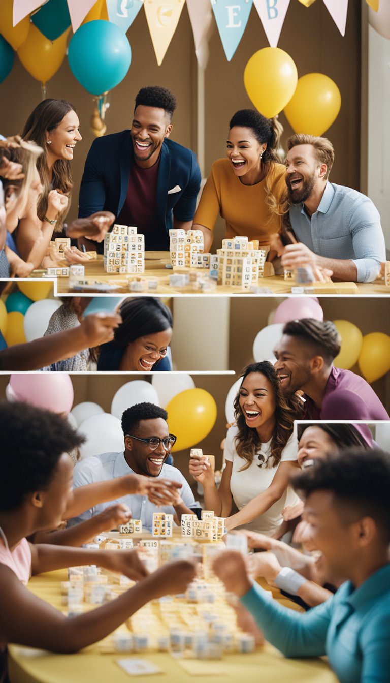 A group of guests at a coed baby shower play Baby Gift Bingo, laughing and cheering as they mark off items on their game cards
