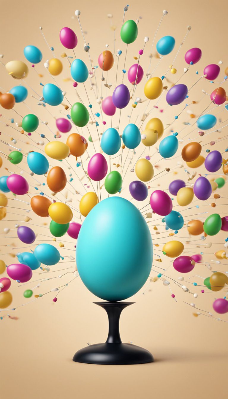 A colorful poster of an egg with a large, blank space in the center. Several cartoon sperm with pins in hand are attempting to stick one onto the egg