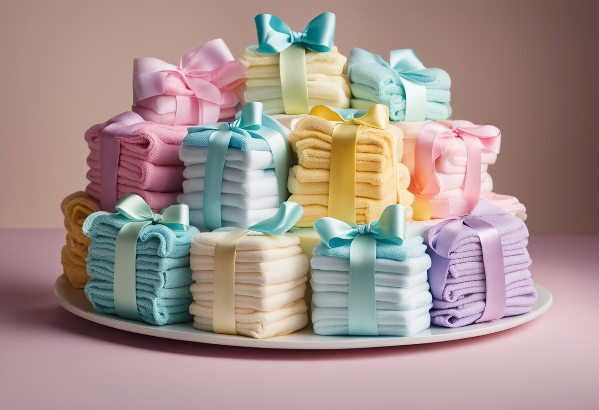 A colorful assortment of diapers stacked and arranged in a tiered cake shape, adorned with ribbons and baby-themed decorations