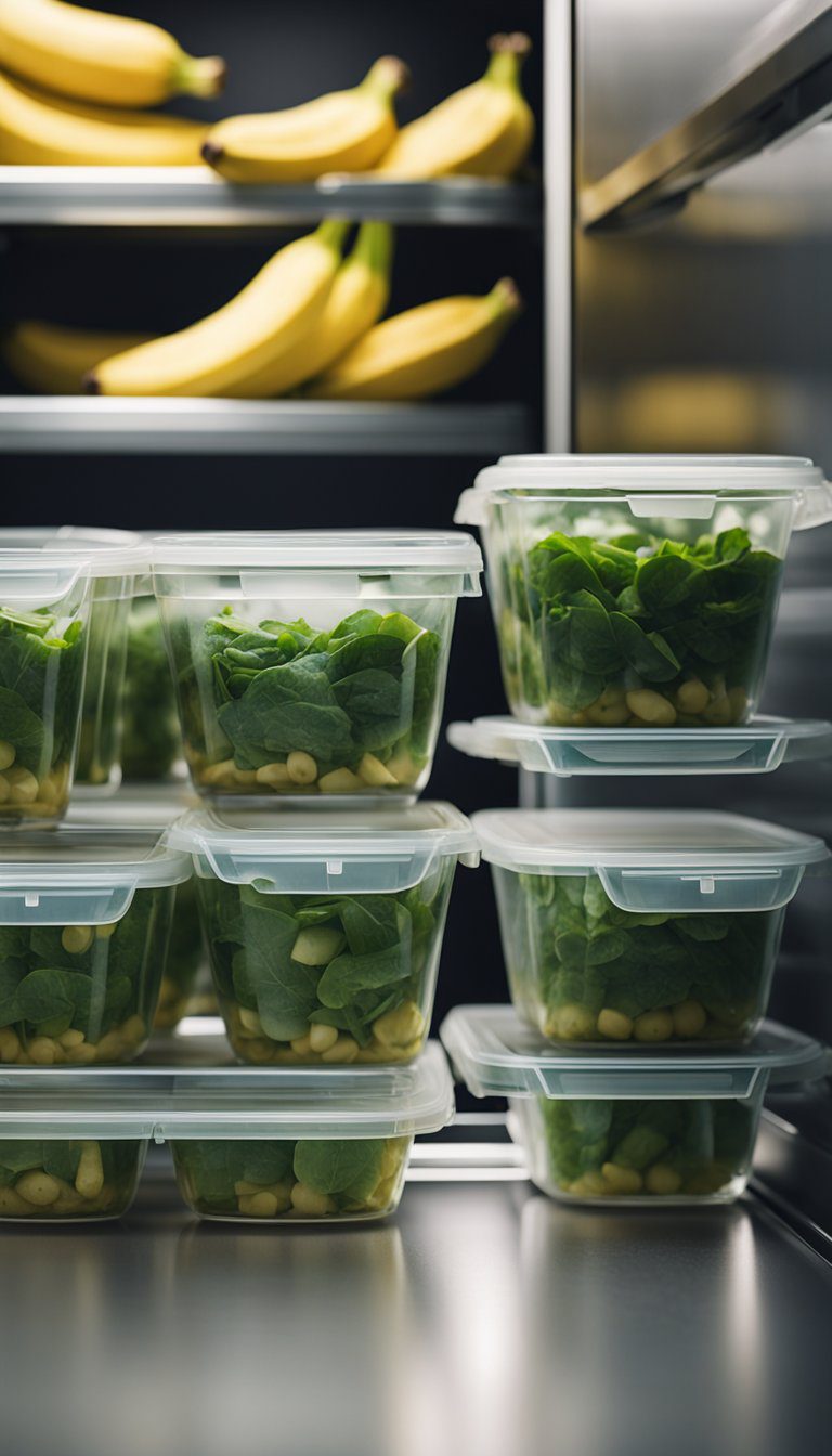 A plate of banana spinach pancakes being stored in a sealed container in the refrigerator