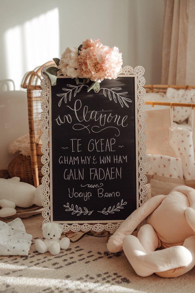 Baby announcement chalkboard sign with floral accents and soft toys in a cozy setting.