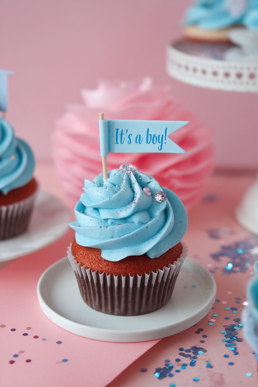 Cupcake with blue frosting and flag saying 'It's a boy!' on a pink background.