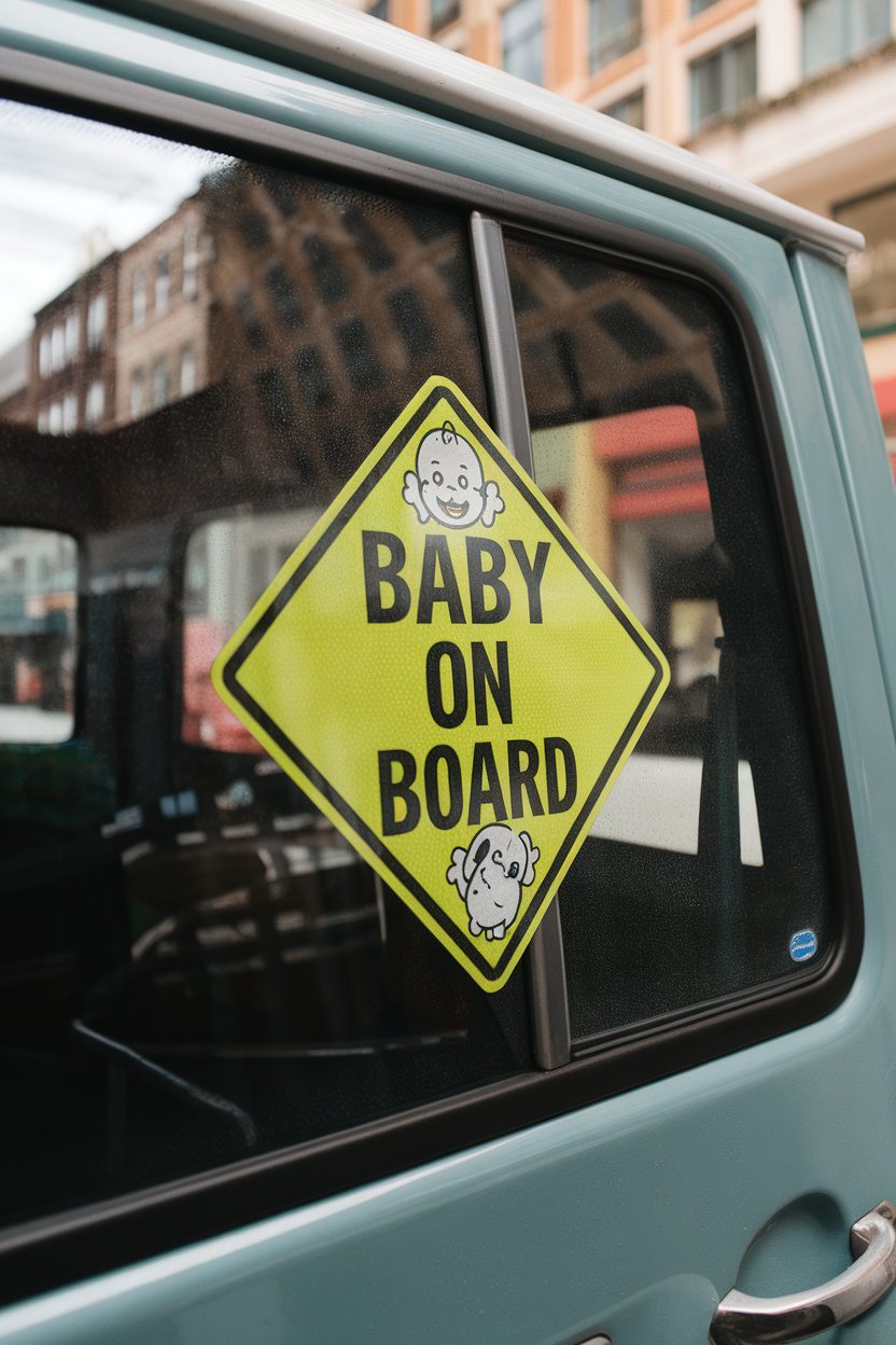 A bright yellow 'Baby On Board' sign on a vehicle window