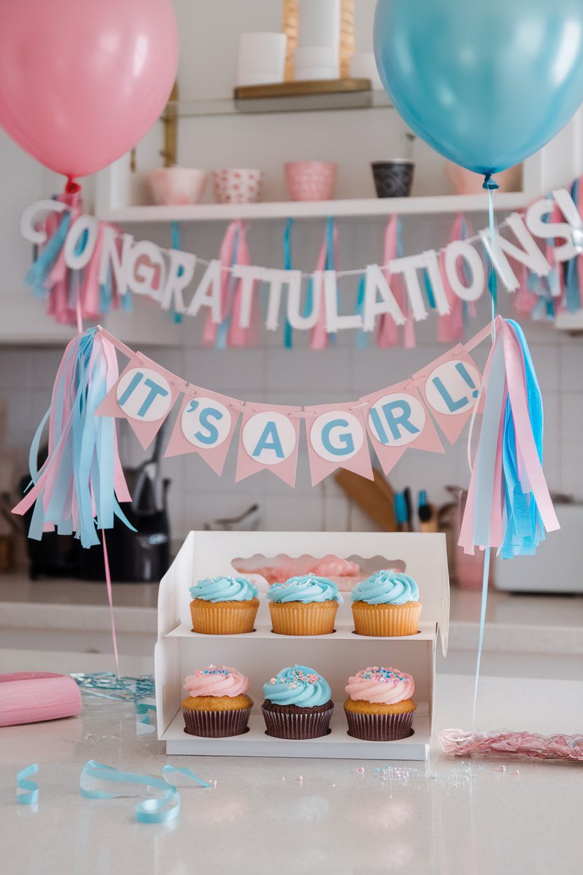 A colorful gender reveal cupcake setup with balloons, a banner, and cupcakes topped with blue and pink frosting.
