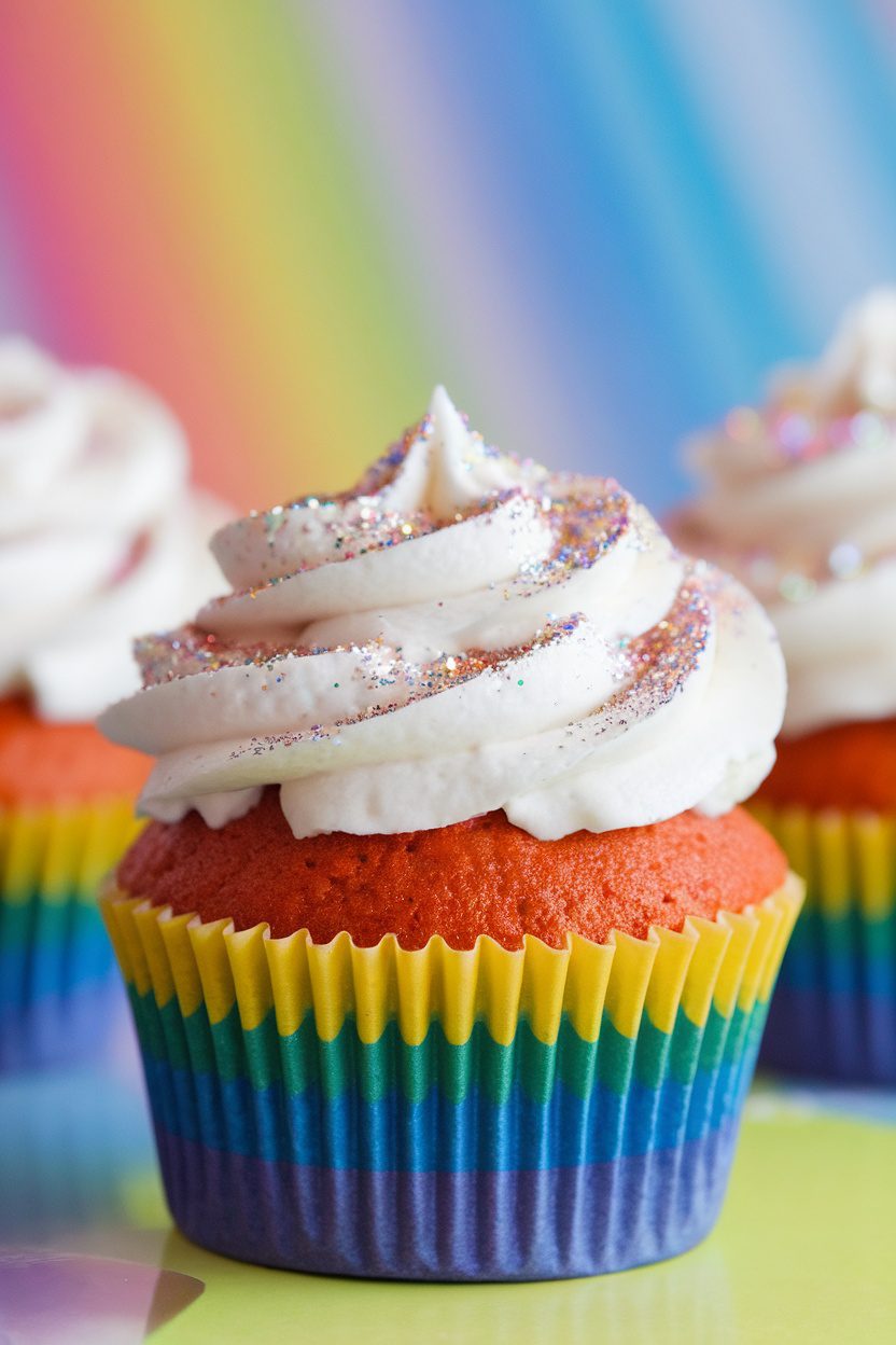 Colorful rainbow gender reveal cupcakes with sprinkles and fluffy frosting.