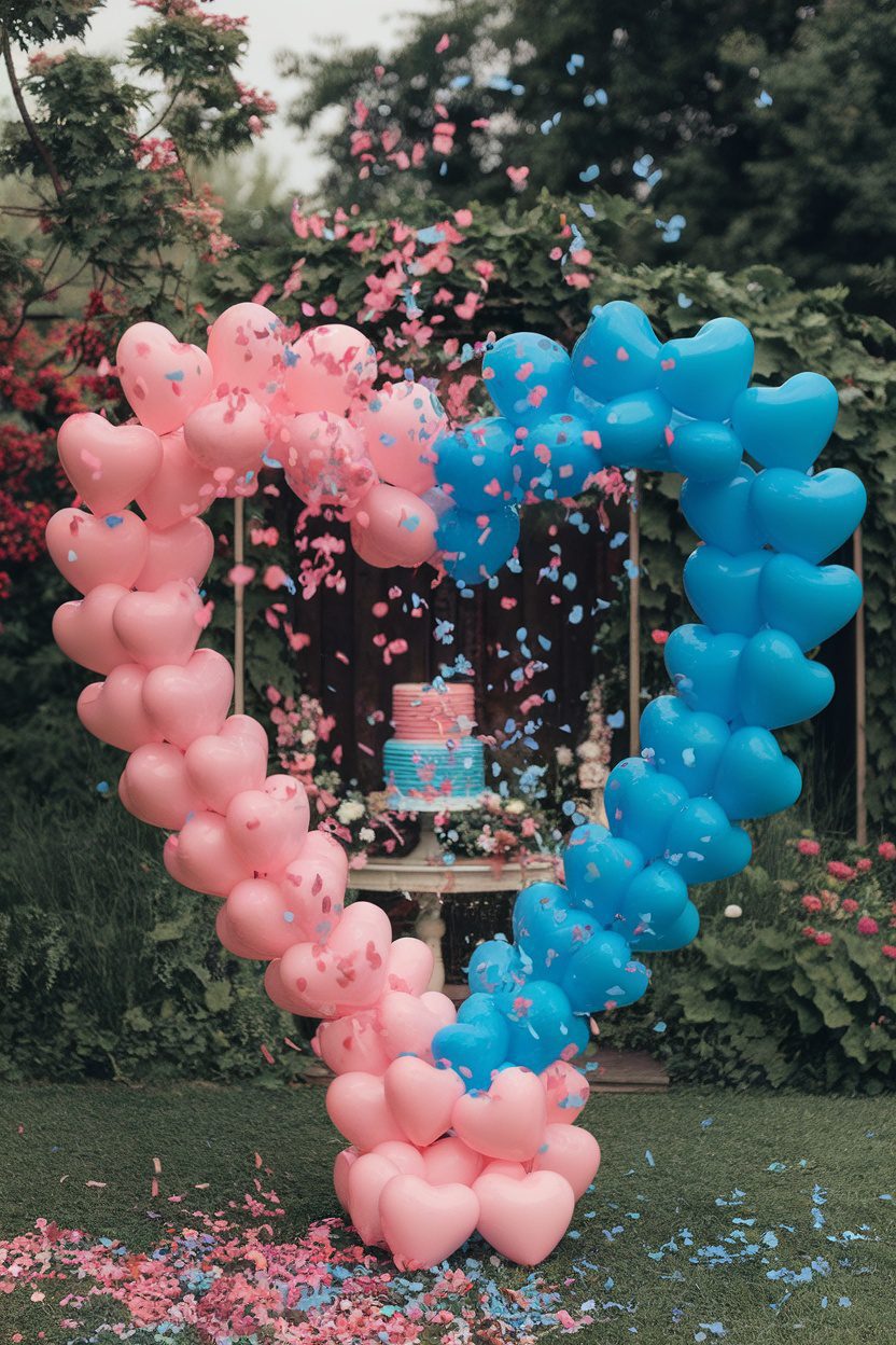 A heart-shaped balloon arch in pink and blue, surrounded by confetti and a gender reveal cake.