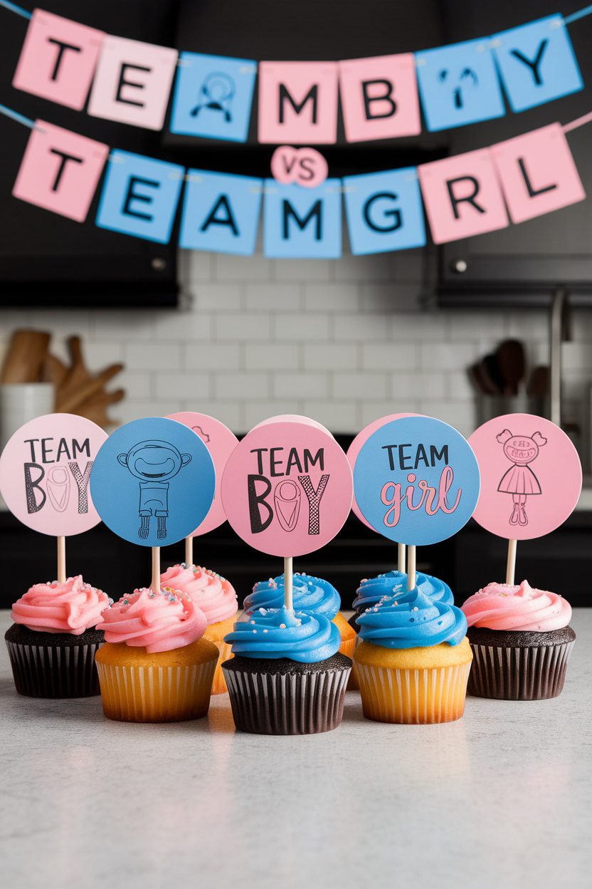 Cupcakes with pink and blue frosting topped with decorative Team Boy and Team Girl toppers.