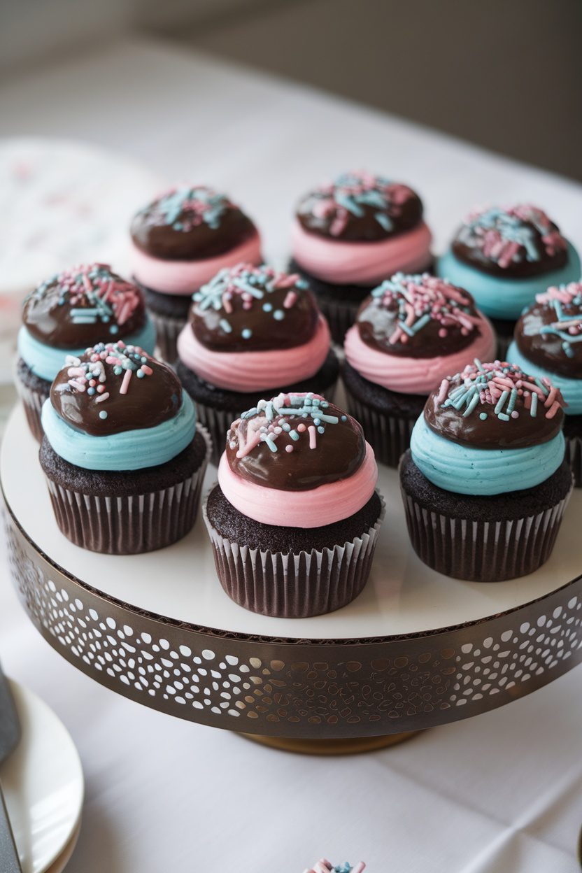 A display of chocolate gender reveal cupcakes topped with pink and blue frosting and colorful sprinkles.