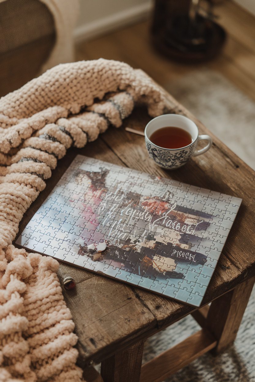A custom pregnancy announcement puzzle on a wooden table with a cozy blanket and a cup of tea.