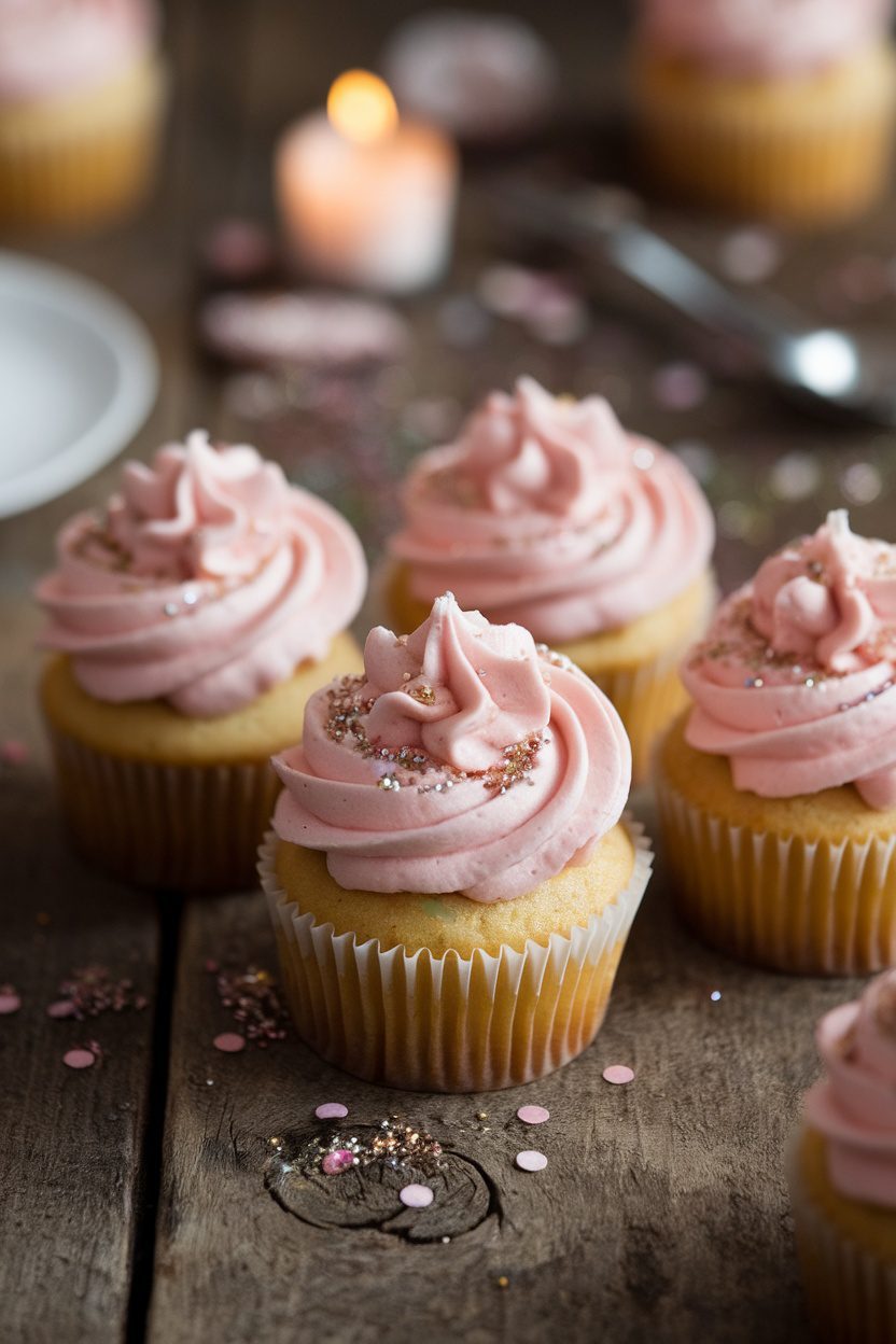 Vanilla gender reveal cupcakes with pink frosting and sprinkles