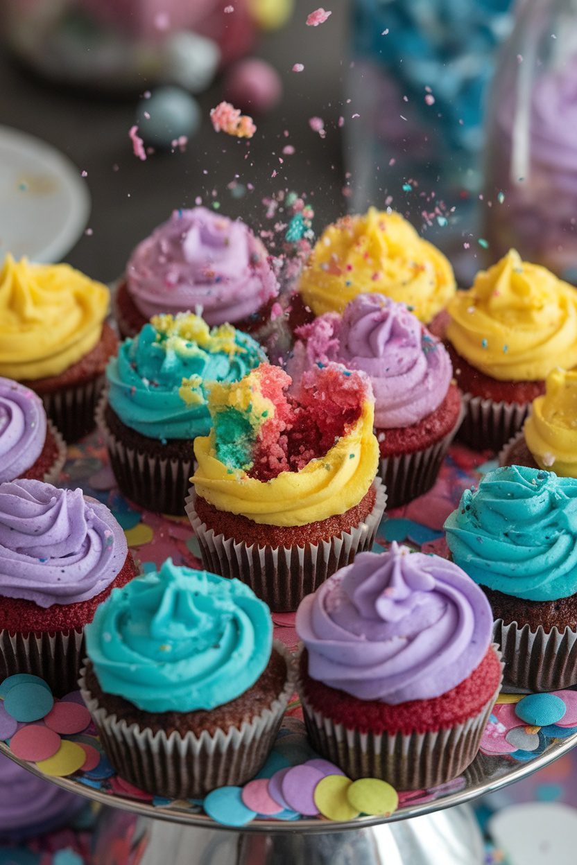 Colorful gender reveal cupcake bombs with vibrant frosting and a burst of colorful filling.