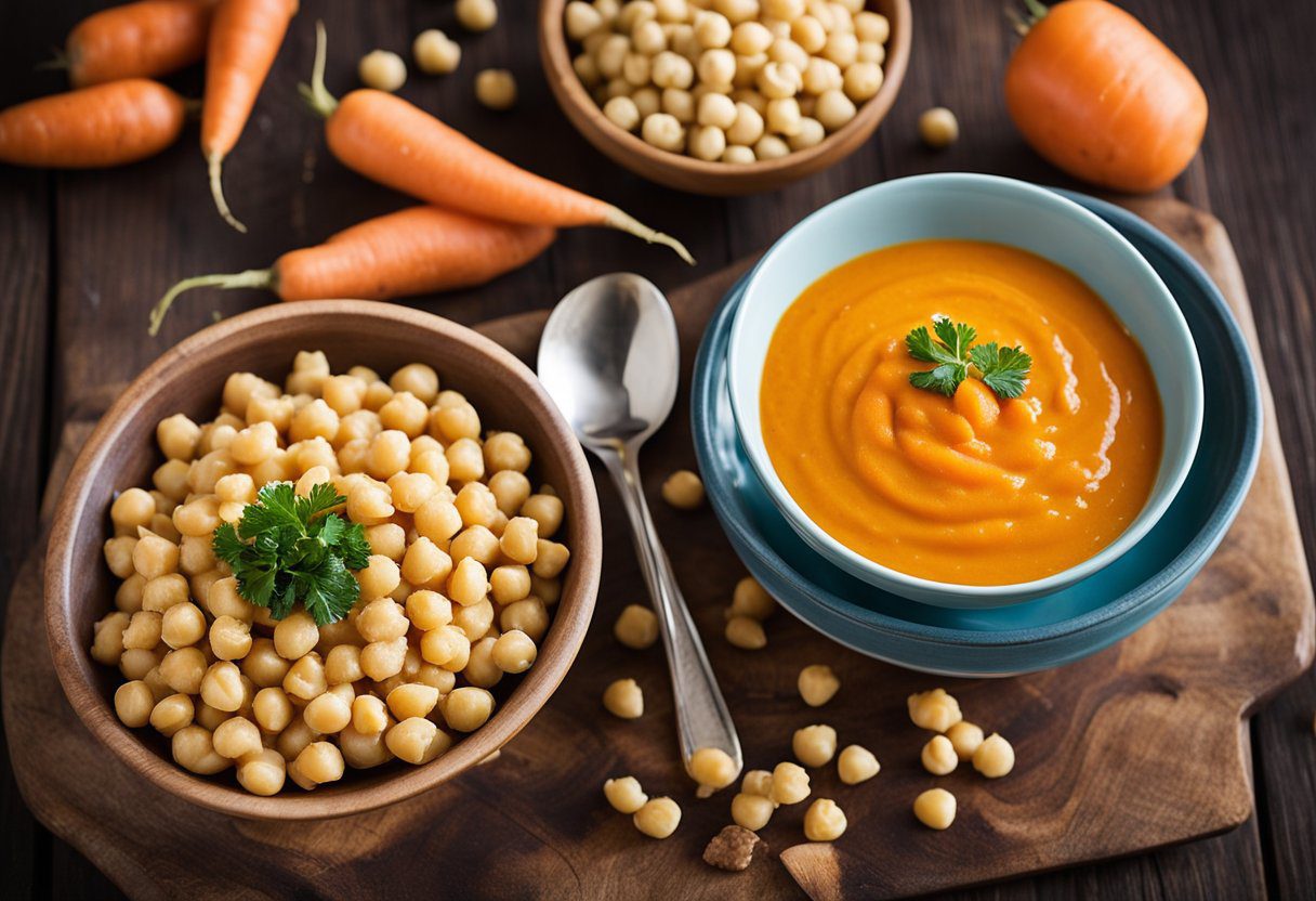 A bowl of chickpea and carrot puree surrounded by fresh carrots and chickpeas, with a spoon on the side