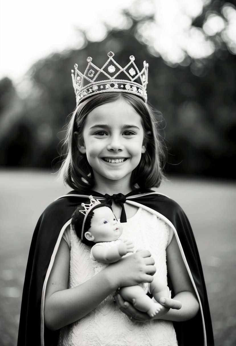 A young girl in a crown and a cape, holding a baby doll and smiling proudly