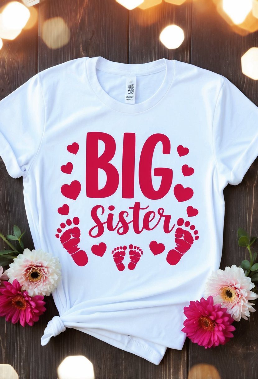 A big sister t-shirt with baby footprints surrounded by hearts and flowers