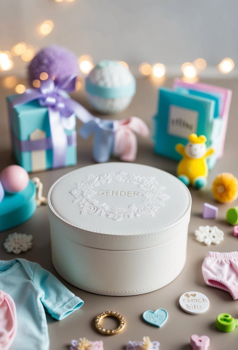 A delicate, engraved keepsake box sits on a table surrounded by various gender reveal gift items, such as baby clothes, toys, and decorative elements
