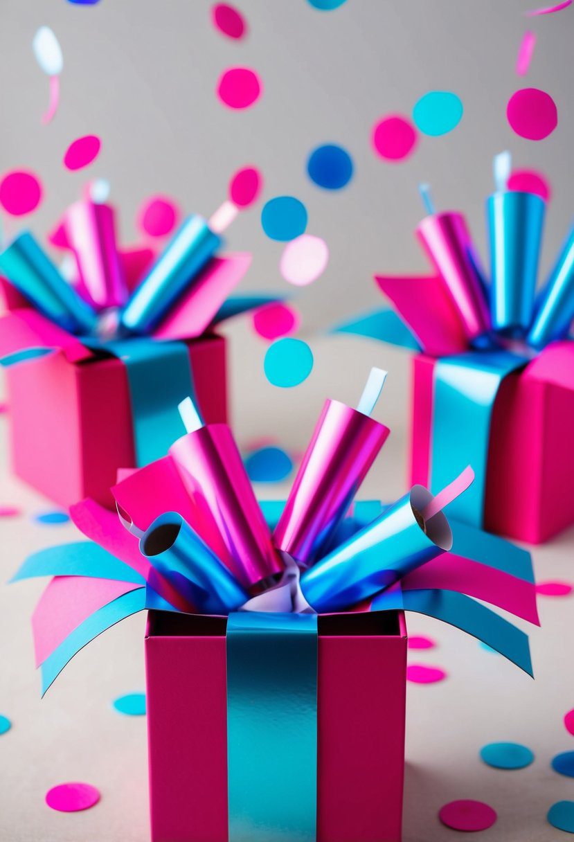 Colorful confetti poppers burst from gift boxes, revealing pink and blue surprises