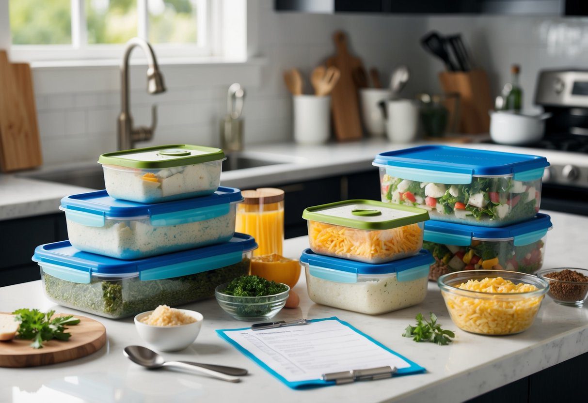 A kitchen counter with various containers of frozen homemade meals, surrounded by ingredients, cooking utensils, and a checklist