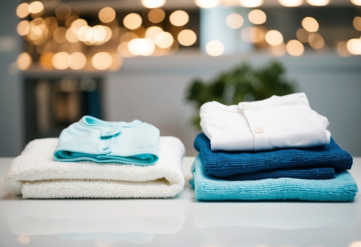Newborn clothes being washed, dried, and folded on a clean surface