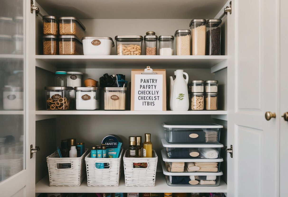 Pantry shelves lined with neatly organized essentials and stocked with 12 nesting party checklist items