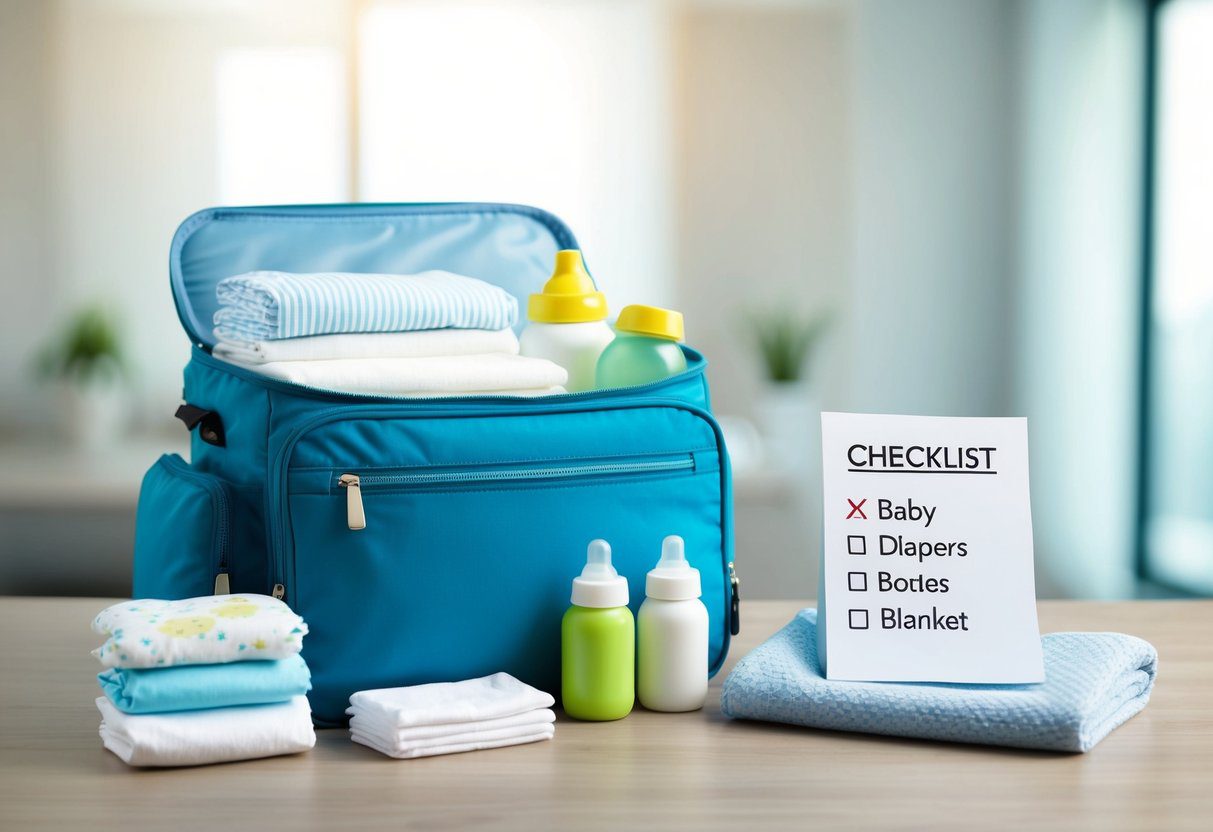A bag packed with baby clothes, diapers, bottles, and a blanket. A checklist with items crossed off sits next to the bag