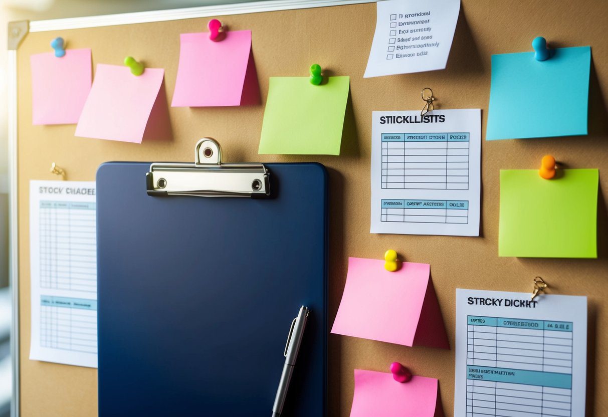 A clipboard with a pen, surrounded by colorful sticky notes and checklists pinned to a bulletin board