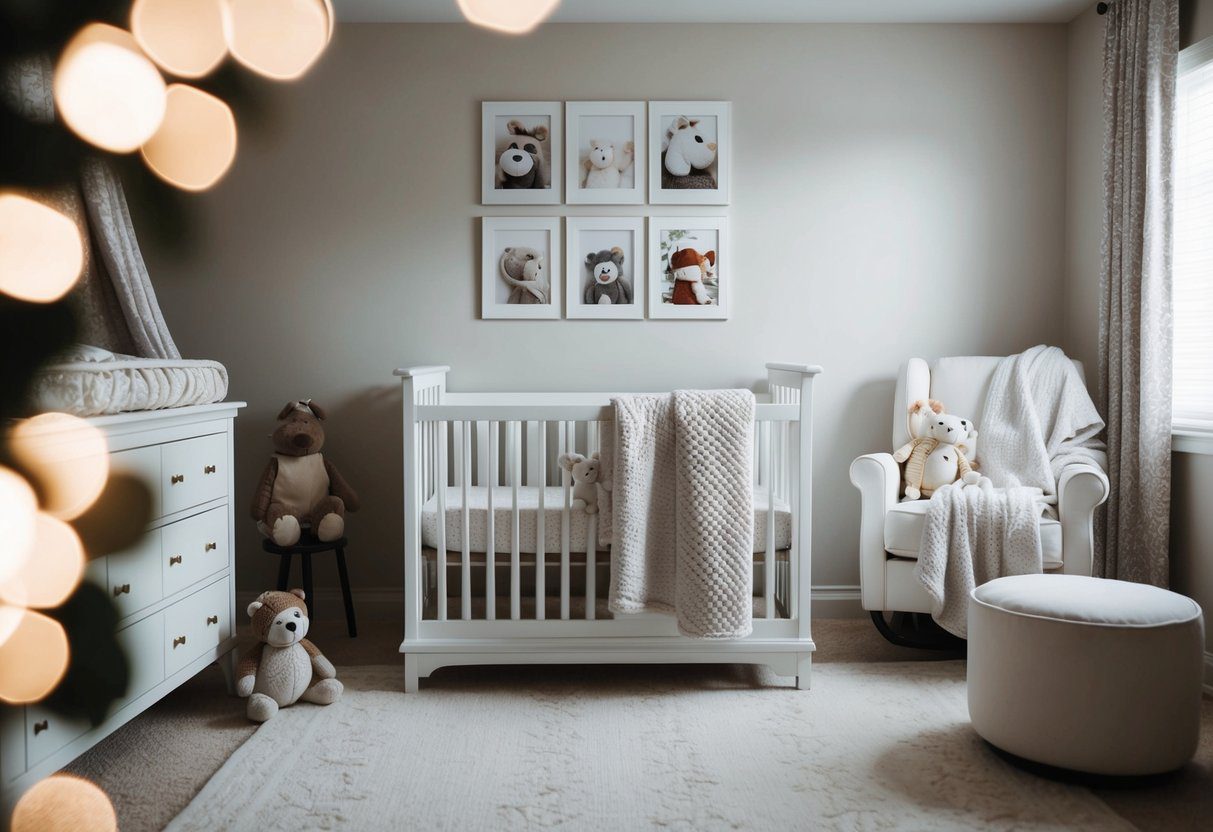A cozy nursery with a white crib, soft blankets, and stuffed animals