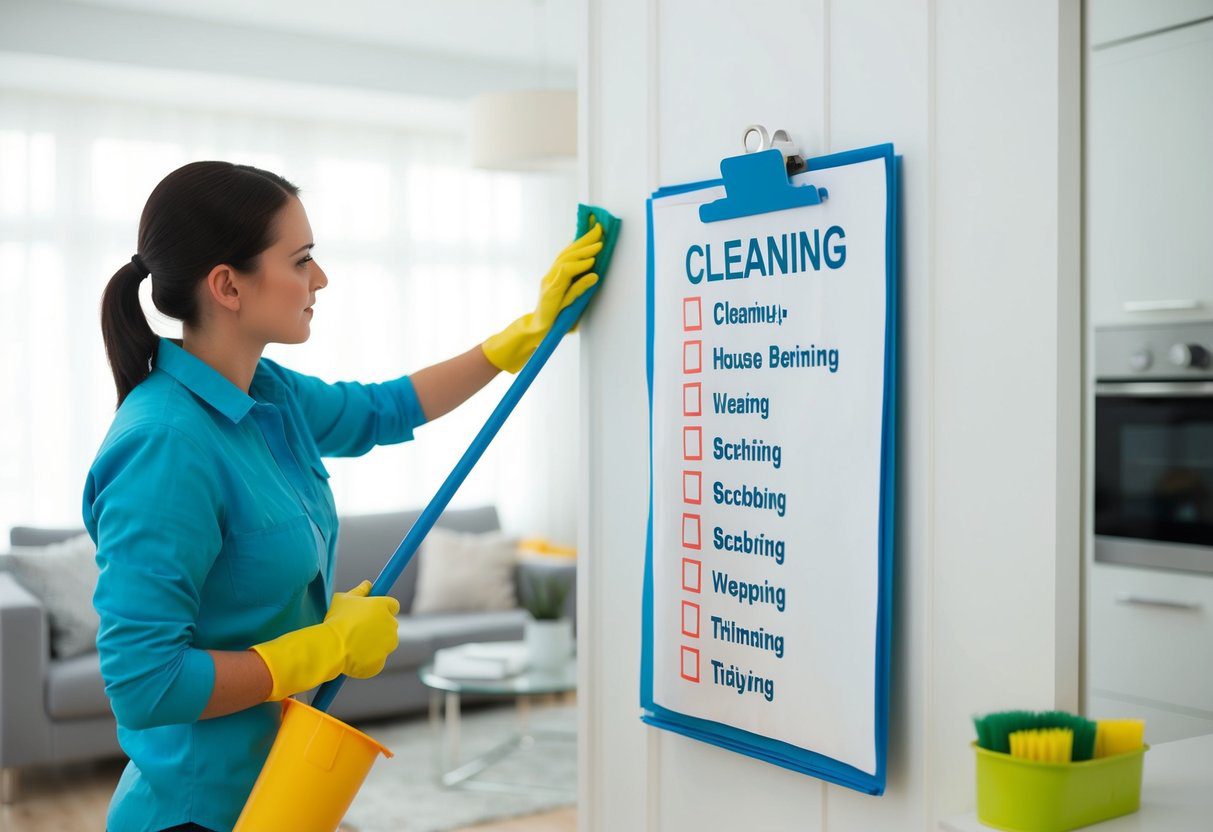 A person cleaning a house from top to bottom, with a checklist of 12 tasks, including scrubbing and tidying