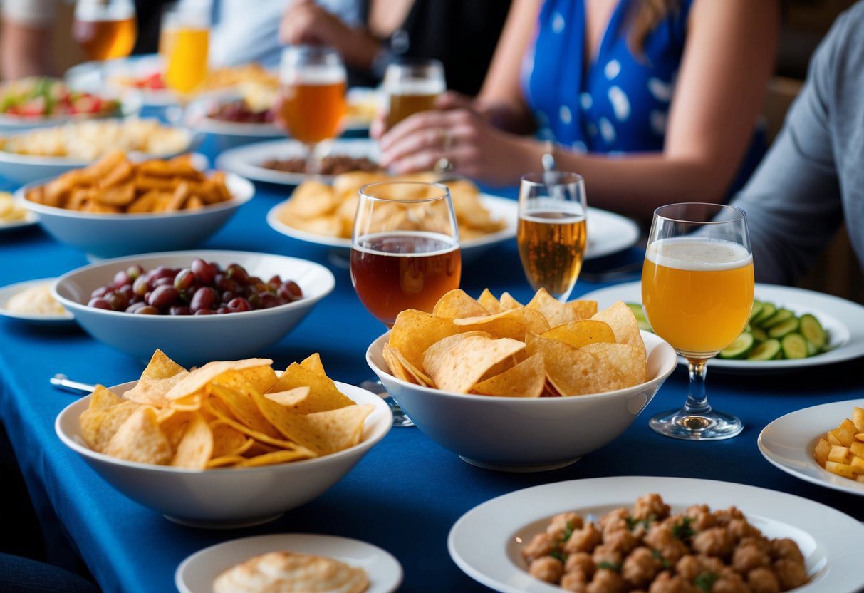 A table set with a variety of snacks and drinks, including bowls of chips, plates of finger foods, and glasses of beverages, ready for guests
