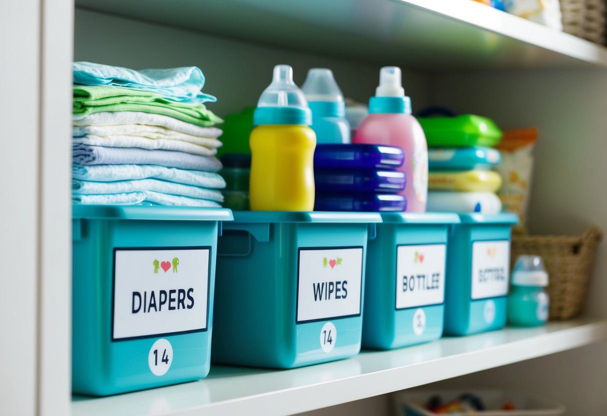 A neatly organized shelf with labeled bins for diapers, wipes, bottles, and other baby supplies