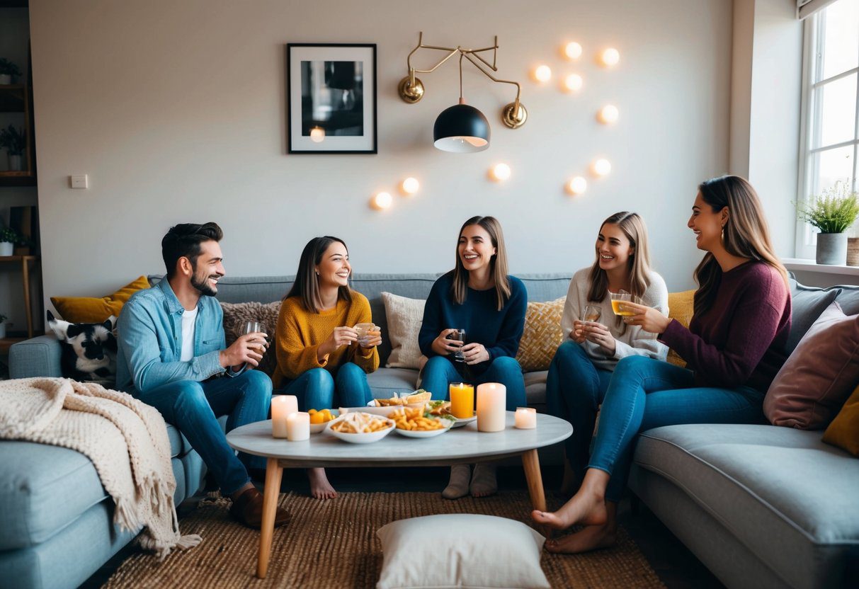 A cozy living room with blankets, pillows, and candles. A table set with snacks and drinks. Friends chatting and laughing
