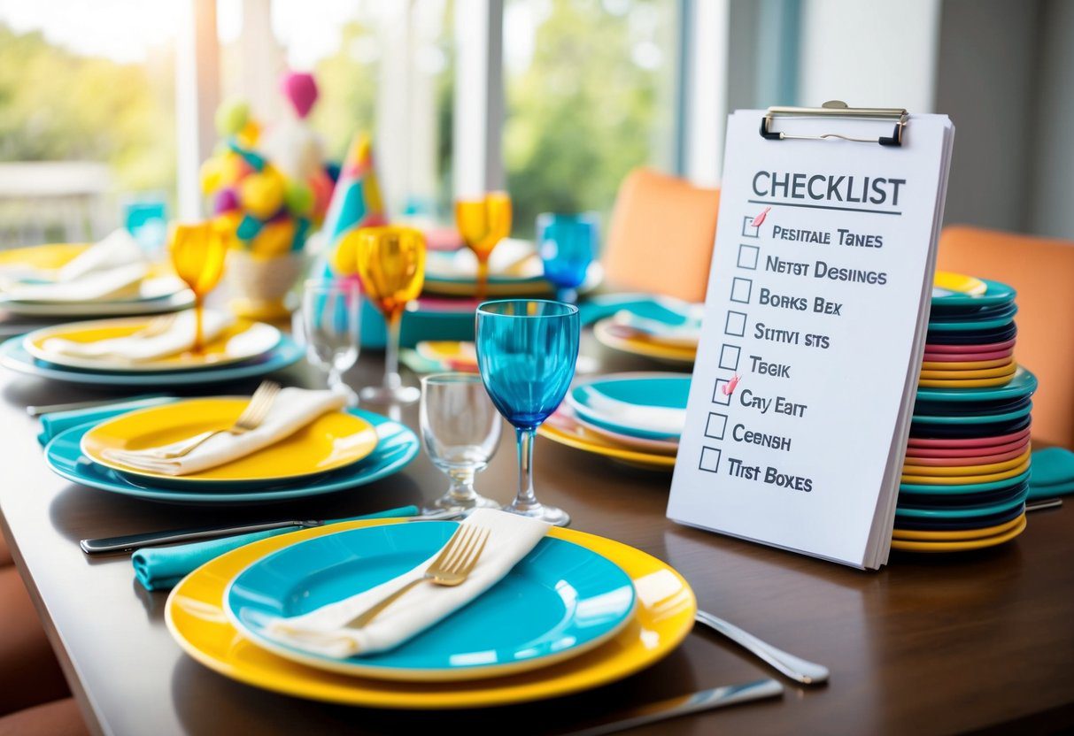 A table set with colorful plates, napkins, and decorations. A checklist with items checked off sits next to a stack of nesting boxes