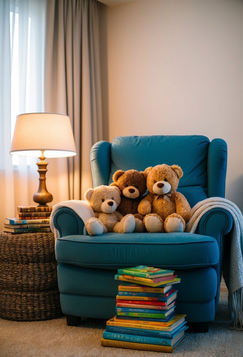 A cozy living room with a large armchair, a pile of teddy bears, and a stack of storybooks. A soft blanket is draped over the chair, and a warm lamp provides a soft glow