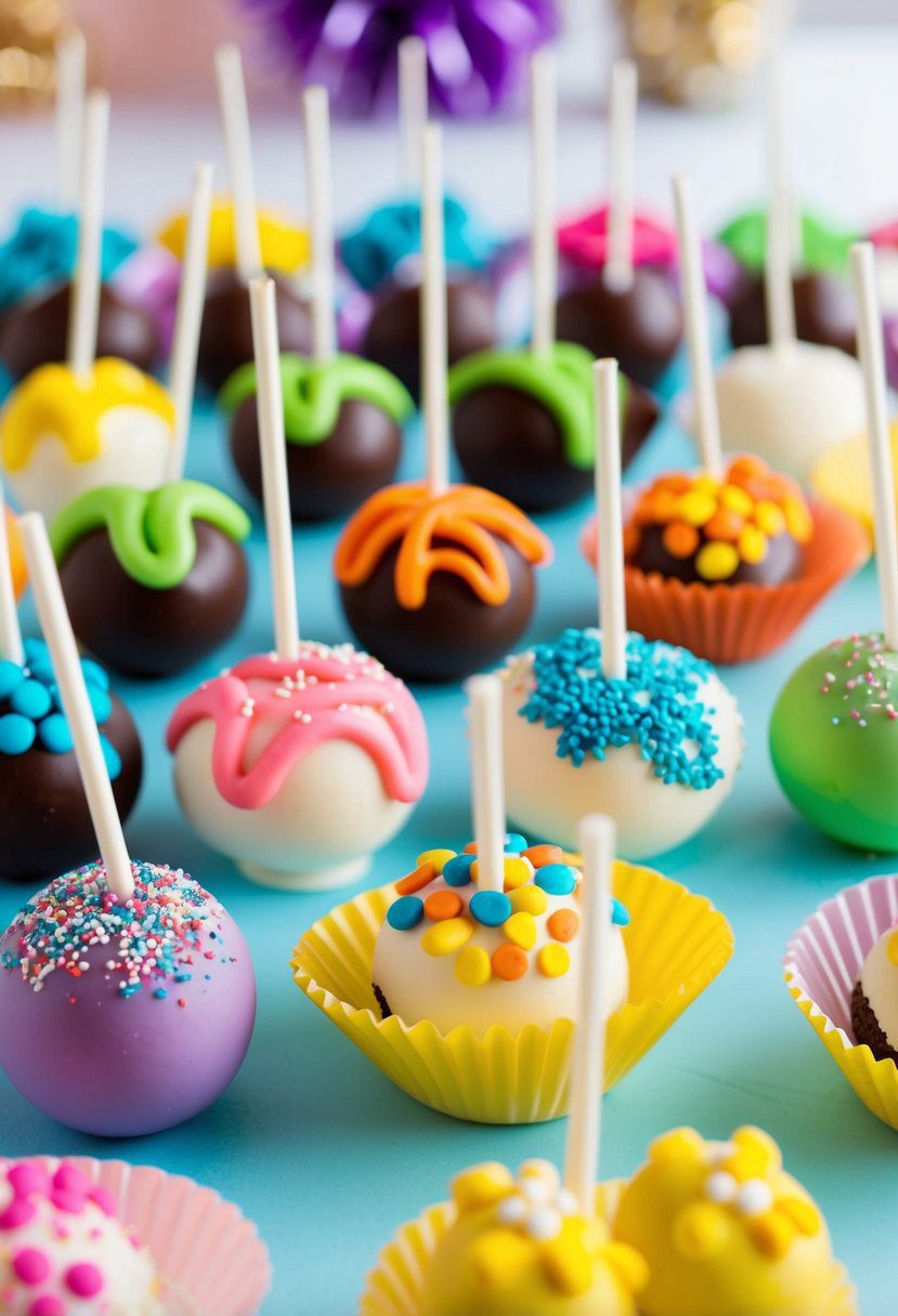 A table filled with colorful and creatively decorated cake pops, arranged in a fun and inviting display for a gender reveal party