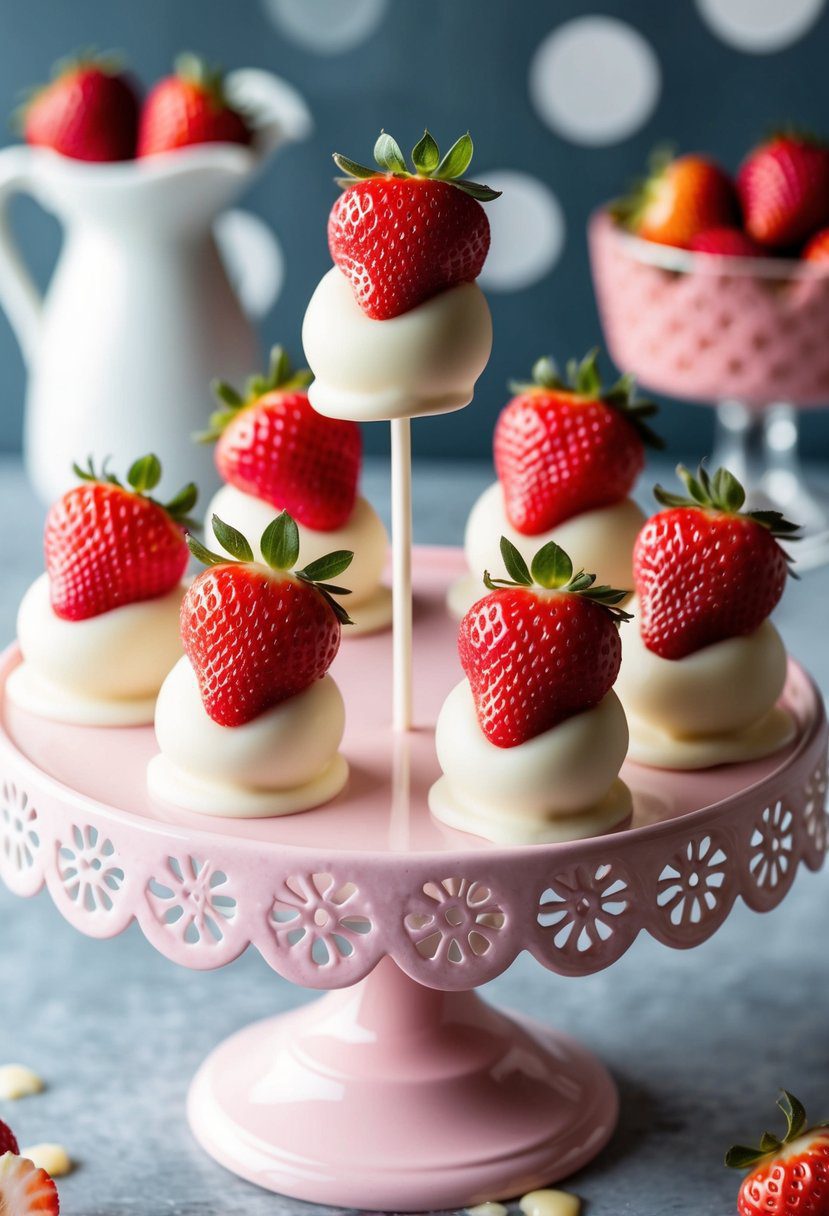 A pink strawberry cake pop with creamy vanilla coating on a decorative platter
