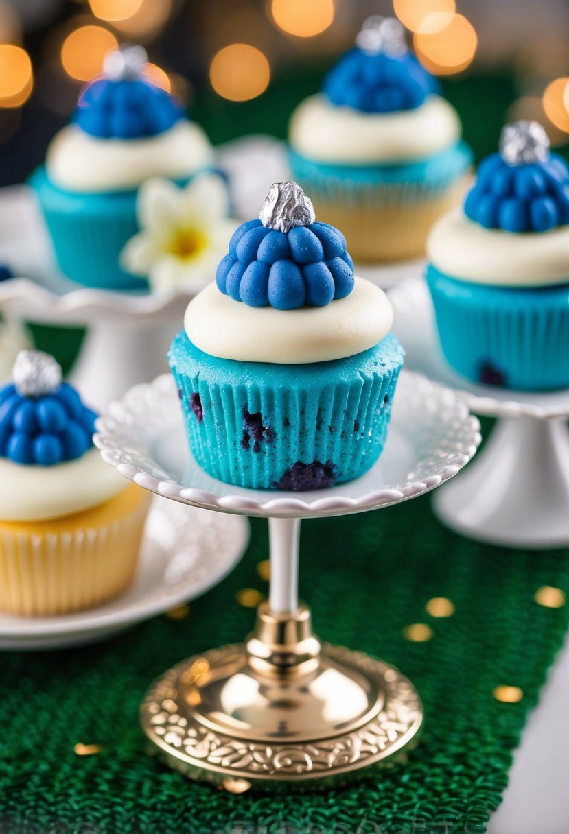 A blue vanilla cake pop with blueberry mousse filling on a decorative display stand