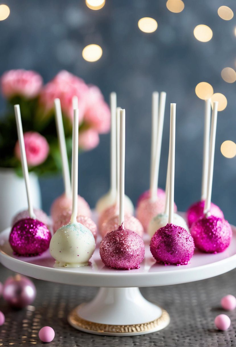 Ombre pink-to-white cake pops with edible glitter arranged on a decorative platter