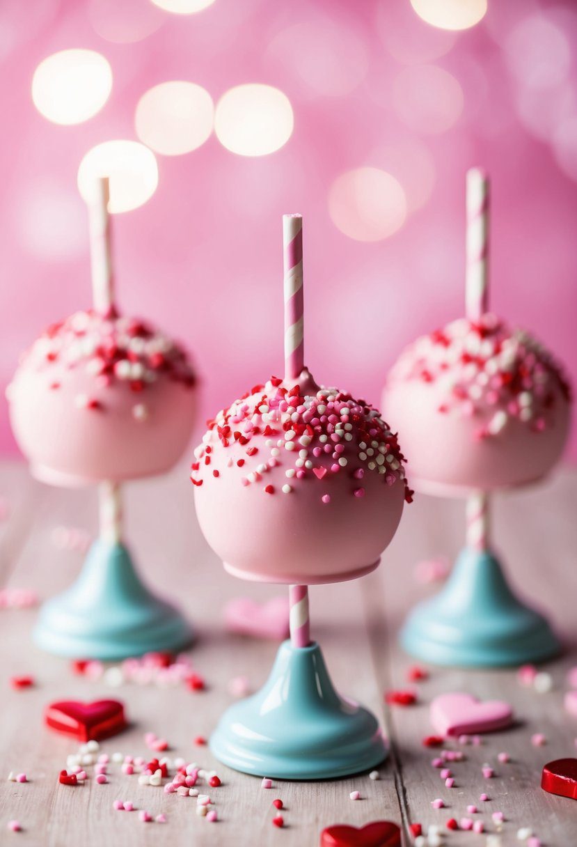 Pastel pink cake pops topped with heart sprinkles