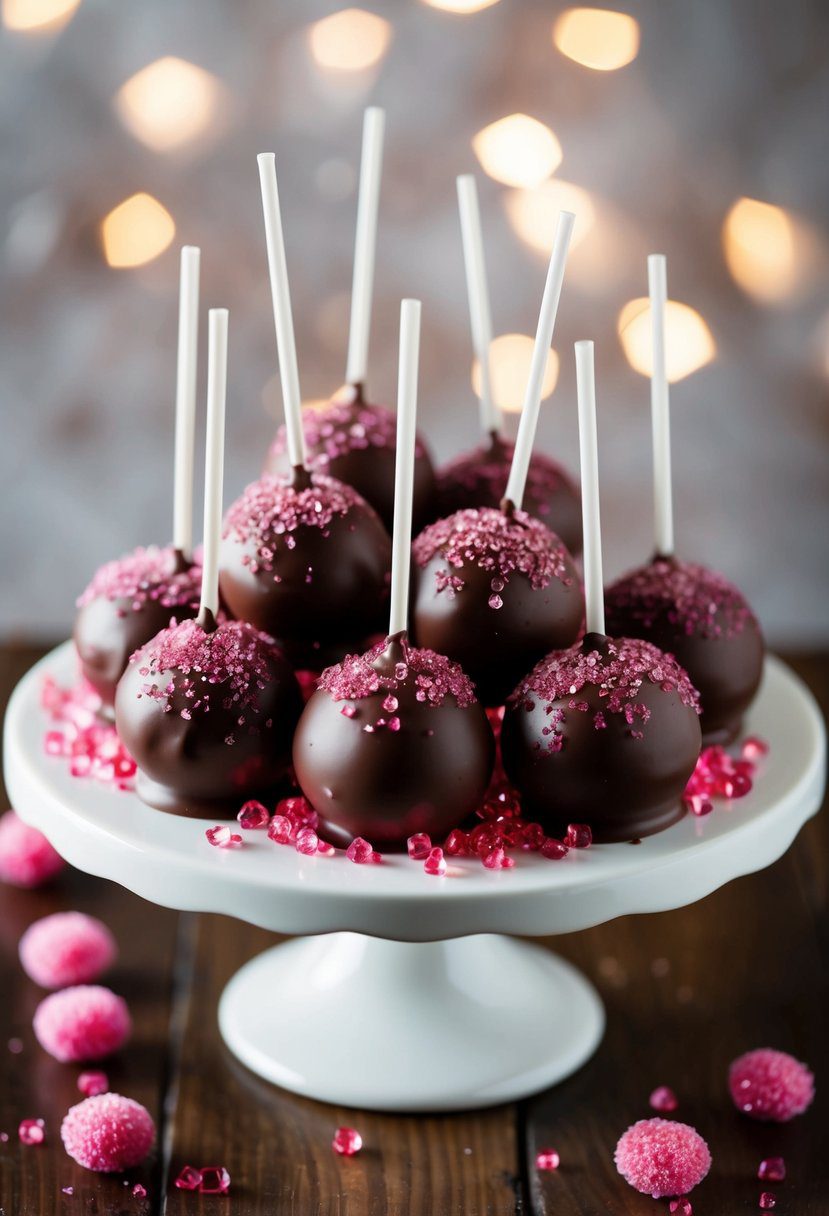 A platter of chocolate cake pops coated in pink sugar crystals