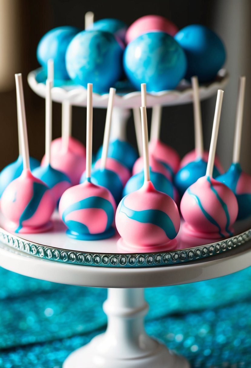 Marbled pink and blue cake pops arranged on a decorative platter