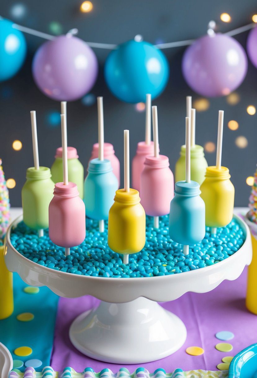 Cake pops shaped like baby bottles with colorful coating sit on a festive display, ready to surprise and delight guests at a gender reveal party