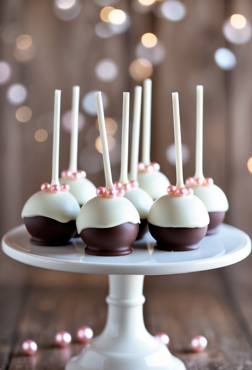 A platter of cake pops coated in white chocolate and adorned with pink edible pearls