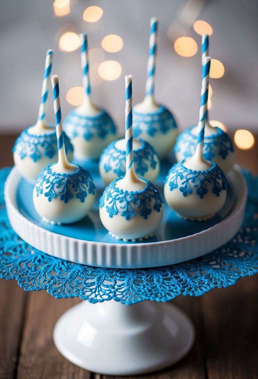 Cake pops adorned with delicate blue lace patterns, arranged on a decorative platter