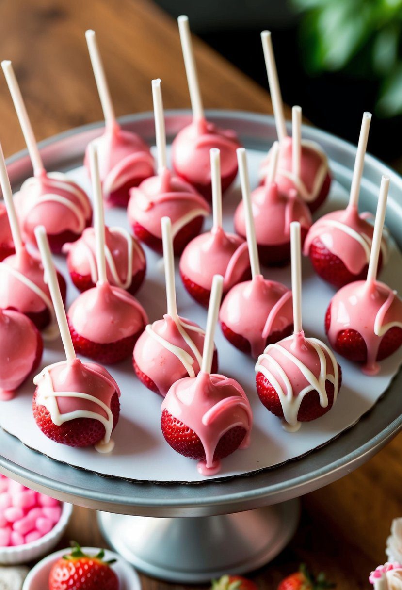 A platter of strawberry cake pops with pink candy melts and white drizzle, arranged in a creative display