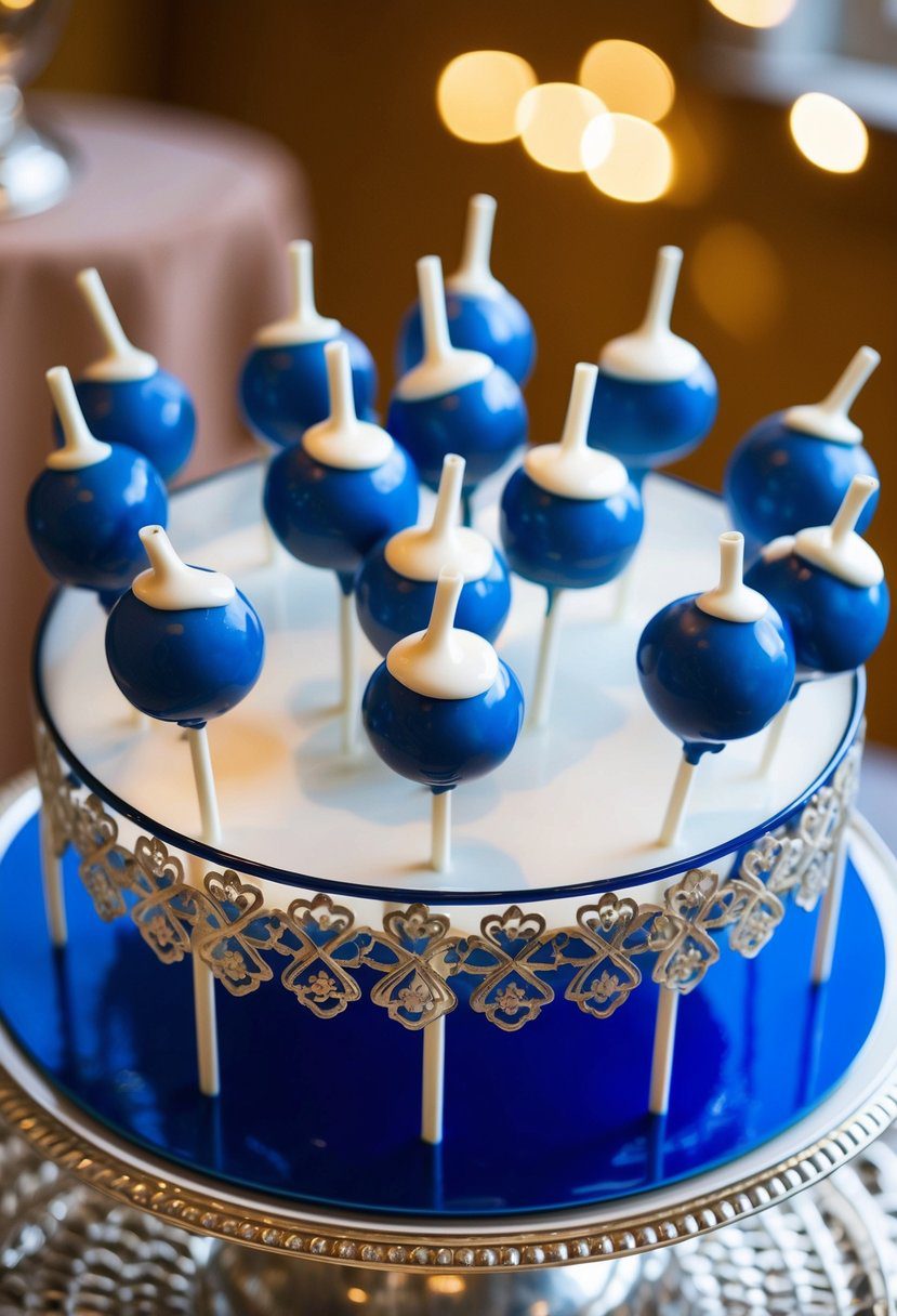 A platter of blue velvet cake pops coated in vanilla glaze arranged in a decorative display