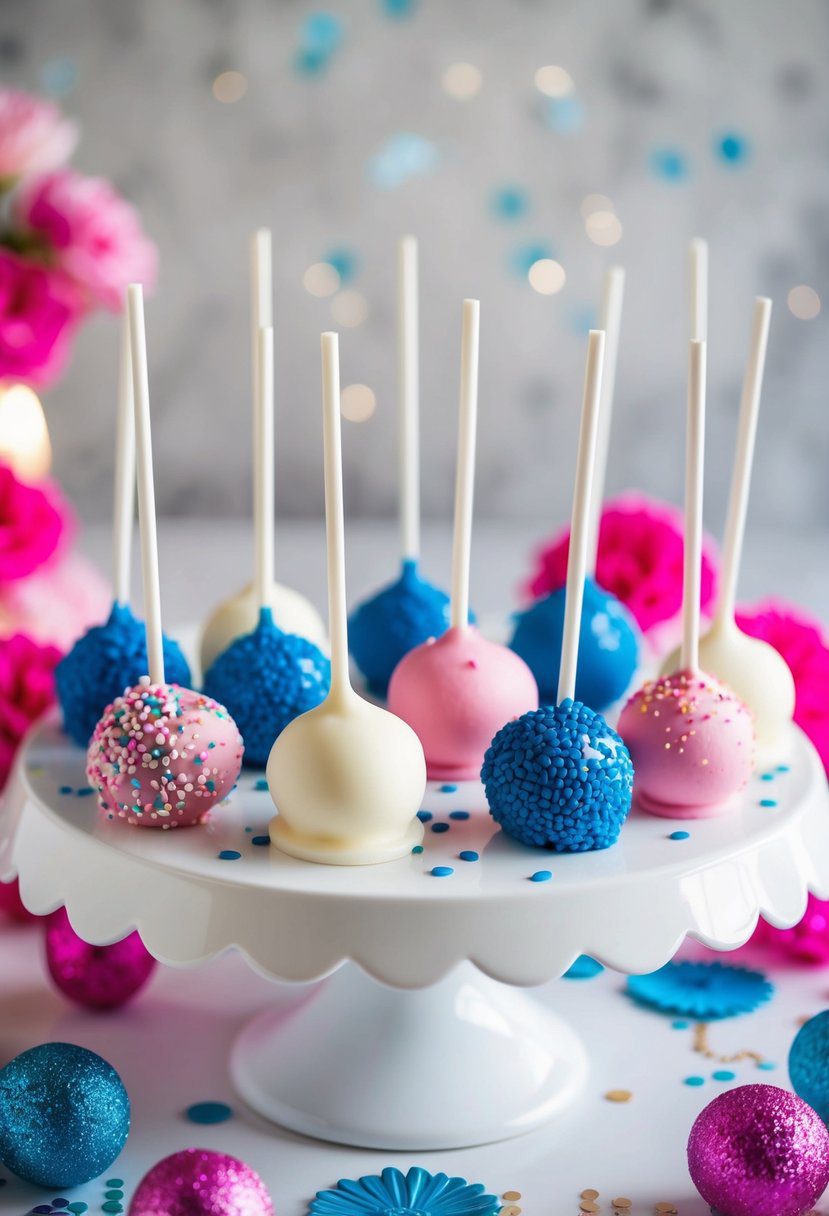 Cake pops arranged on a white platter, some with pink and blue confetti, surrounded by decorative elements