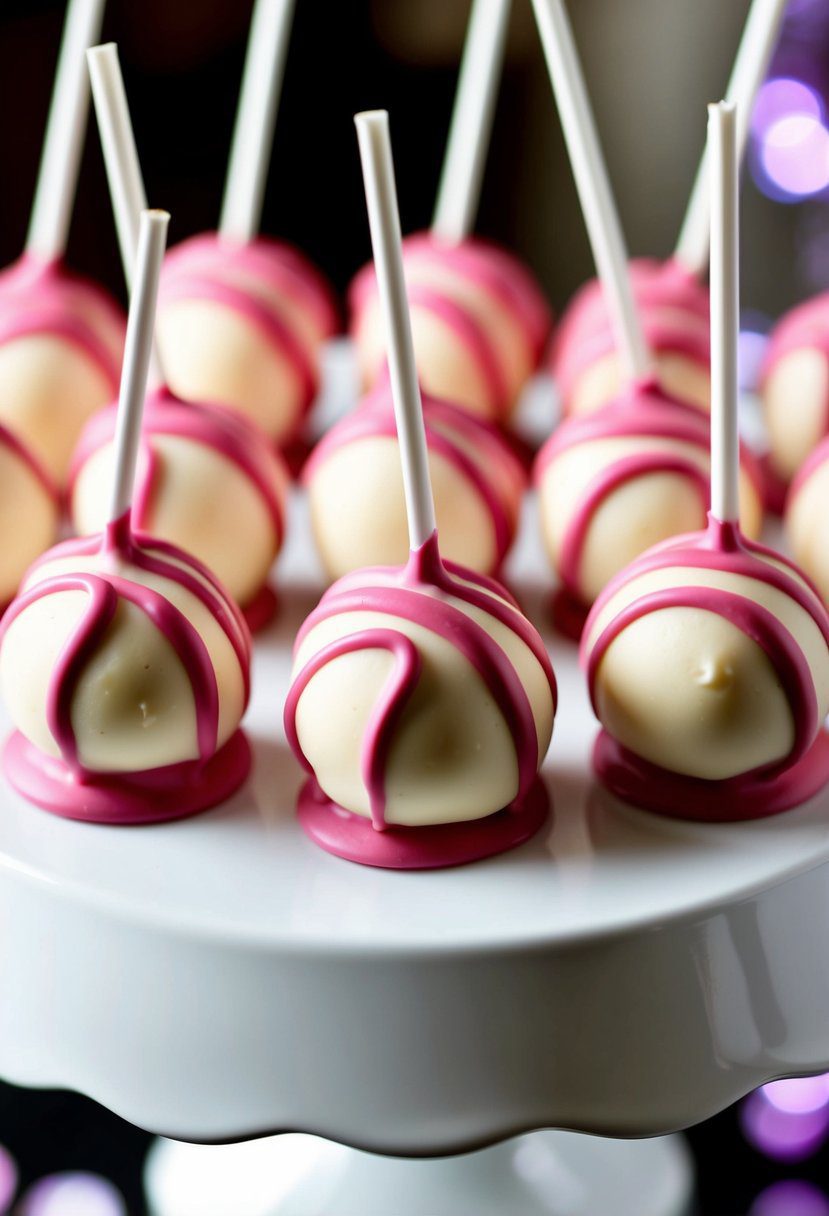 Vanilla cake pops dipped in pink chocolate, swirled and arranged on a display stand